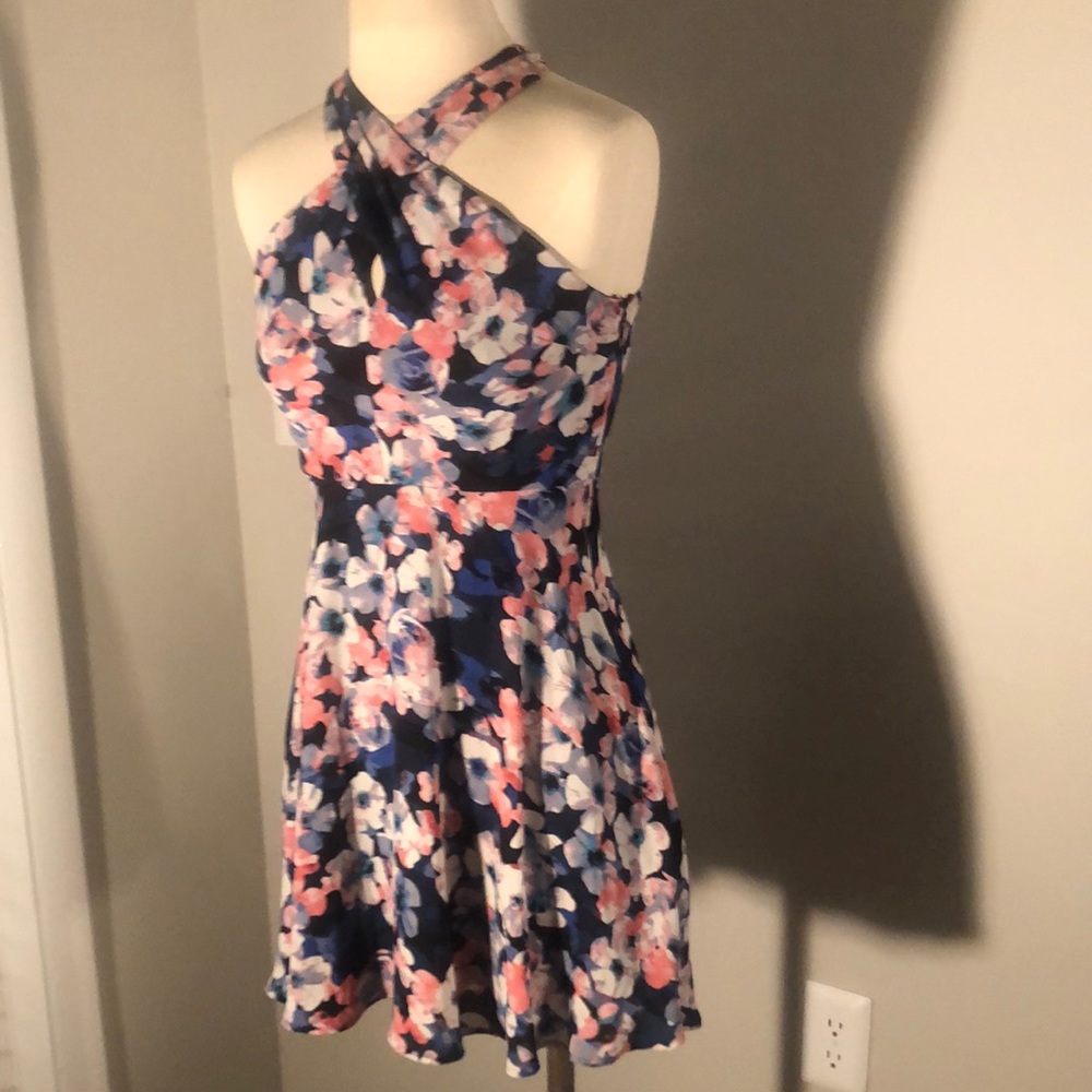 Express Blue Pink Floral Twist Halter Dress